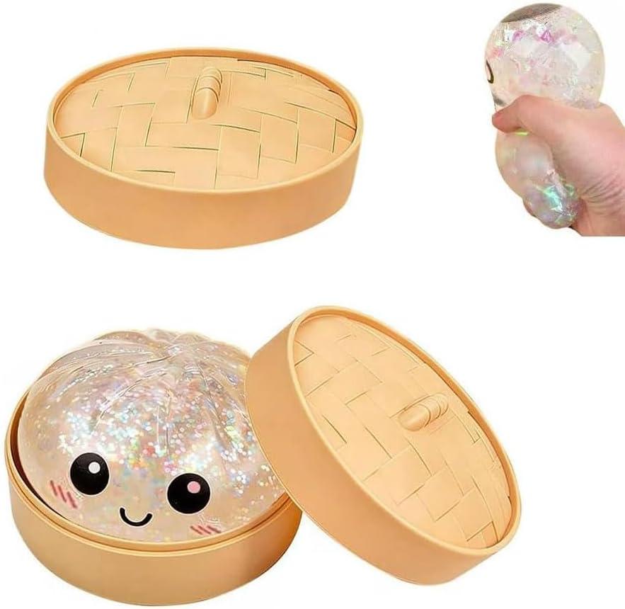 Dumpling Squishies, Glitter Dumpling, Glitter Dumplings Squishy with Box, Dumplings Sensory Squeeze Toy for Stress Relief Stretchy Desk Toys (White)