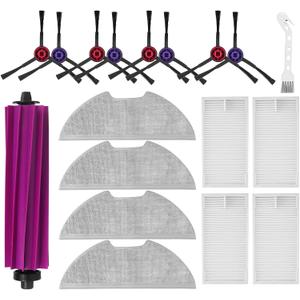 18 Pack E10s Accessories Kit Replacement Compatible with Eureka E10S / E20 Plus Robot Vacuum Cleaner, 1 Main Roller Brushes, 8 Side Brushes, 4 Hepa Filters, 4 Mop Pads,1 Cleaning Brush