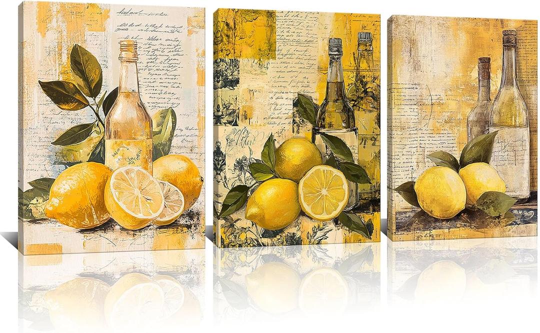 Kalormore 3 Pieces Vintage Kitchen Picture Wall Decor Lemon Fruit Art Print Lemon Botanical Canvas Wall Art Framed Ready to Hang