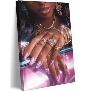 Framed Pink Black Girl Canvas Wall Art Gorgeous Black Women Shiny Wall Decor Picture Fashion African American Woman Pink Nails Jewelry Poster Print for Living Room Bedroom Artwork Home Decoration, 23.5x15.5