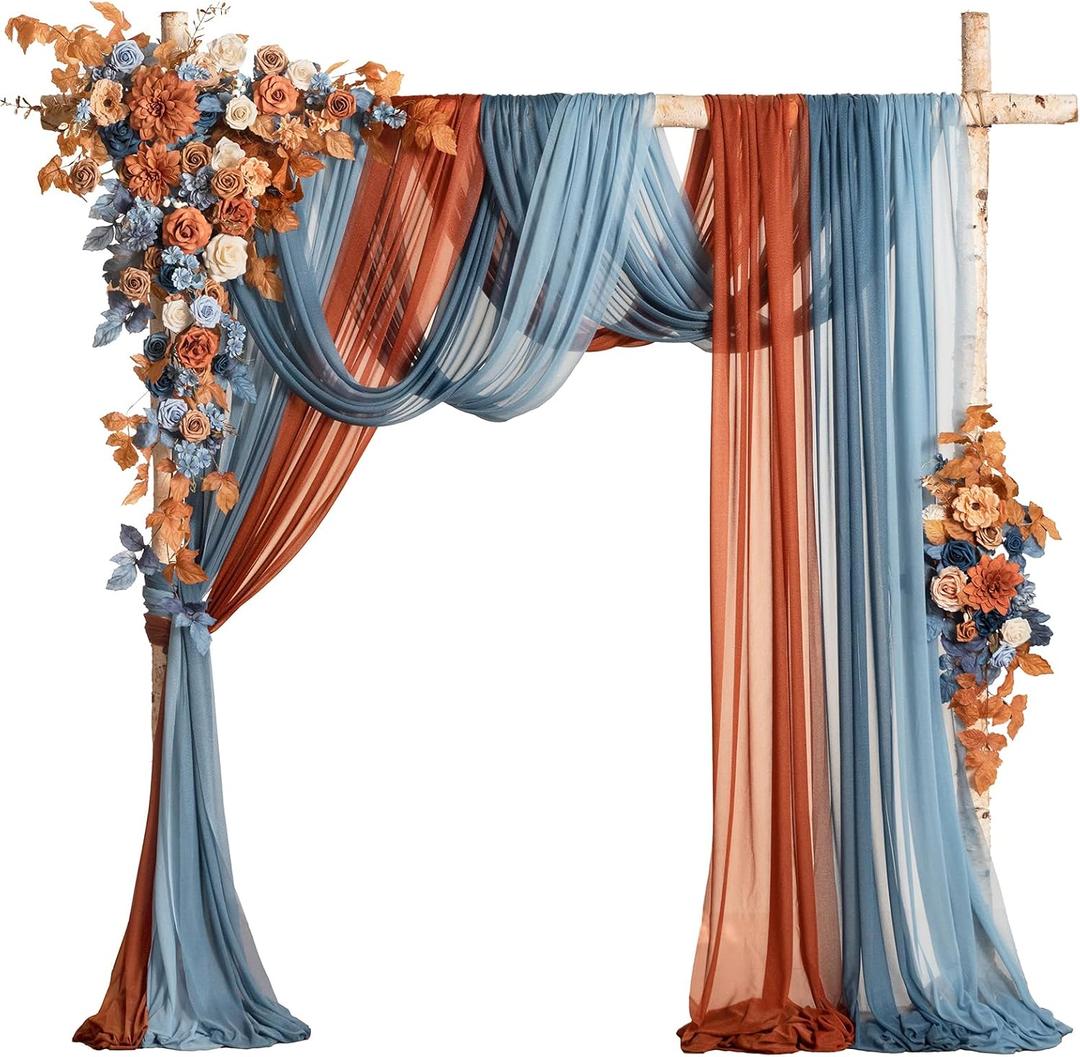Ling's moment Fall Wedding Arch Flowers with Sheer Drapes Kit - Artificial Orange and Navy Blue Floral Arrangements for Ceremony Backdrop, Arbor Decor, 5-Piece Set (2 Flower Stems + 3 Hanging Drapes)