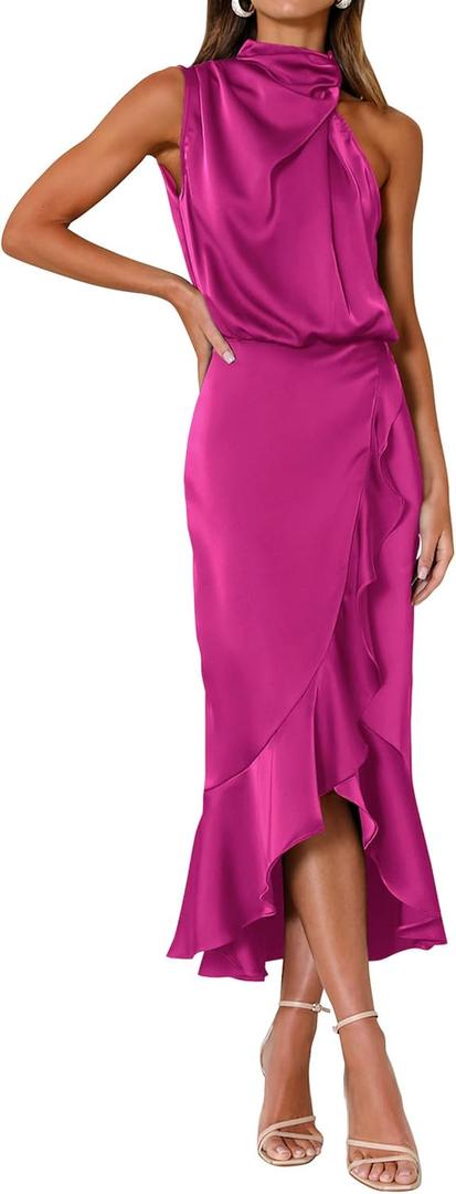 KIRUNDO Women 2026 Spring Summer Satin Mock Neck Wedding Guest Party Cocktail Midi Dress Sleeveless Wrap Ruffle Formal Dress (Pink, S)