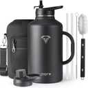 Half Gallon Water Bottle with Straw and Lid, 64 oz Insulated Stainless Steel Jug with Handle,Reusable Metal Travel Flask Mug Cup With Carry Pouch and Brush,Keep Cold & Hot,Black