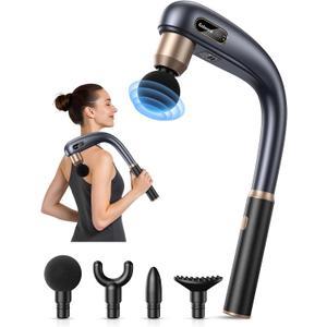 Massage Gun with Extended Handle, Back Massager for Pain Relief Deep Tissue, Handheld Percussion Massager Gun with 4 Massage Heads and 3 Modes, Full Body Massage for Neck Shoulder Waist Leg Muscle