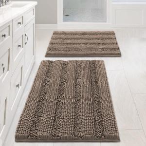 H.VERSAILTEX Bathroom Rugs Sets 2 Piece Non Slip Thick Shaggy Chenille Bathroom Rug Mat Set Extra Soft and Absorbent Striped Floor Rugs, Machine-Washable, Taupe Brown