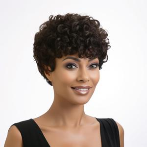 Short Cut Wigs For Black Women Synthetic Short Pixie Cut Afro Wigs For Black Women Short Hair Curly Cheap Summer Wig Wavy Brown Curly Mommy Wig (Dark Brown)