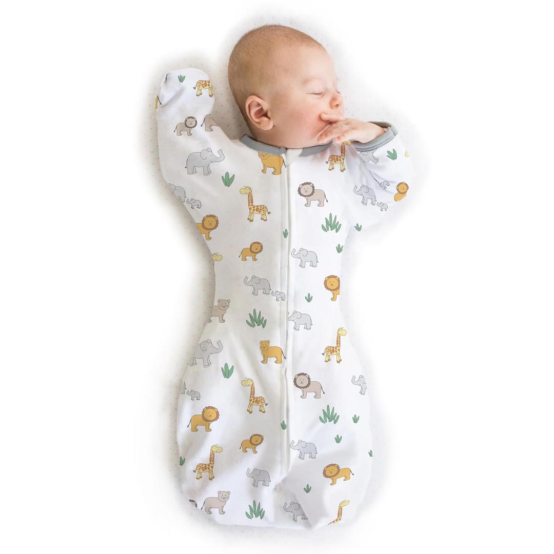 Amazing Baby Transitional Swaddle Sack, Arms Up Half-Length Sleeves & Mitten Cuffs, Swaddle for Newborn Transition to Baby Sleep Sack Wearable Blanket, Medium, 3-6 Month, 14-21 lb, On Safari
