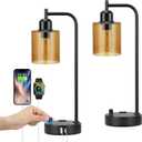 Industrial Bedside Lamps for Nightstand Set of 2 - Fully Dimmable Bedroom Lamps with USB A C Ports and Outlet, Black Table Lamps with Amber Glass Shade for Living Room, Desk Lamps for Office Reading