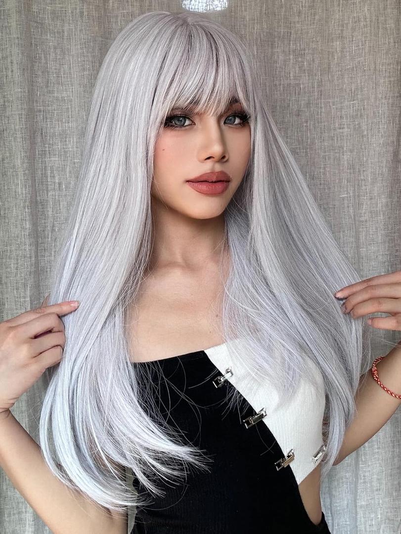 White Wig with Bangs Long Straight White Wigs for Women Cosplay Wigs for Gril Natural Hairline Heat Resistant Synthetic Wig for Daily for Cosplay Party Halloween