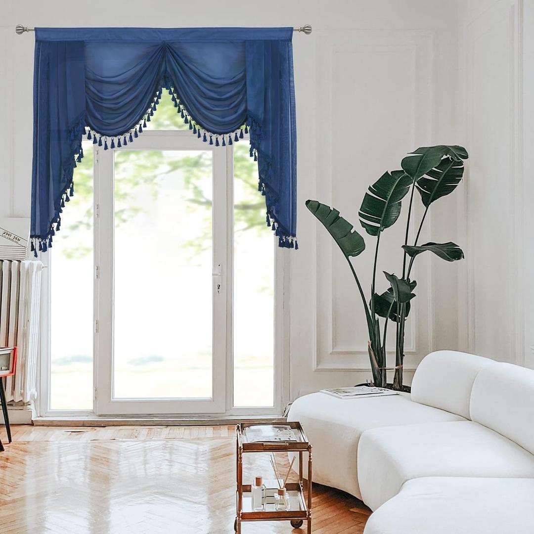 Waterfall Sheer Window Valances for Kitchen Tassels Swag Valances for Living Room Valance Curtains for Bedroom Rod Pocket (Navy Blue, W59 Inch)
