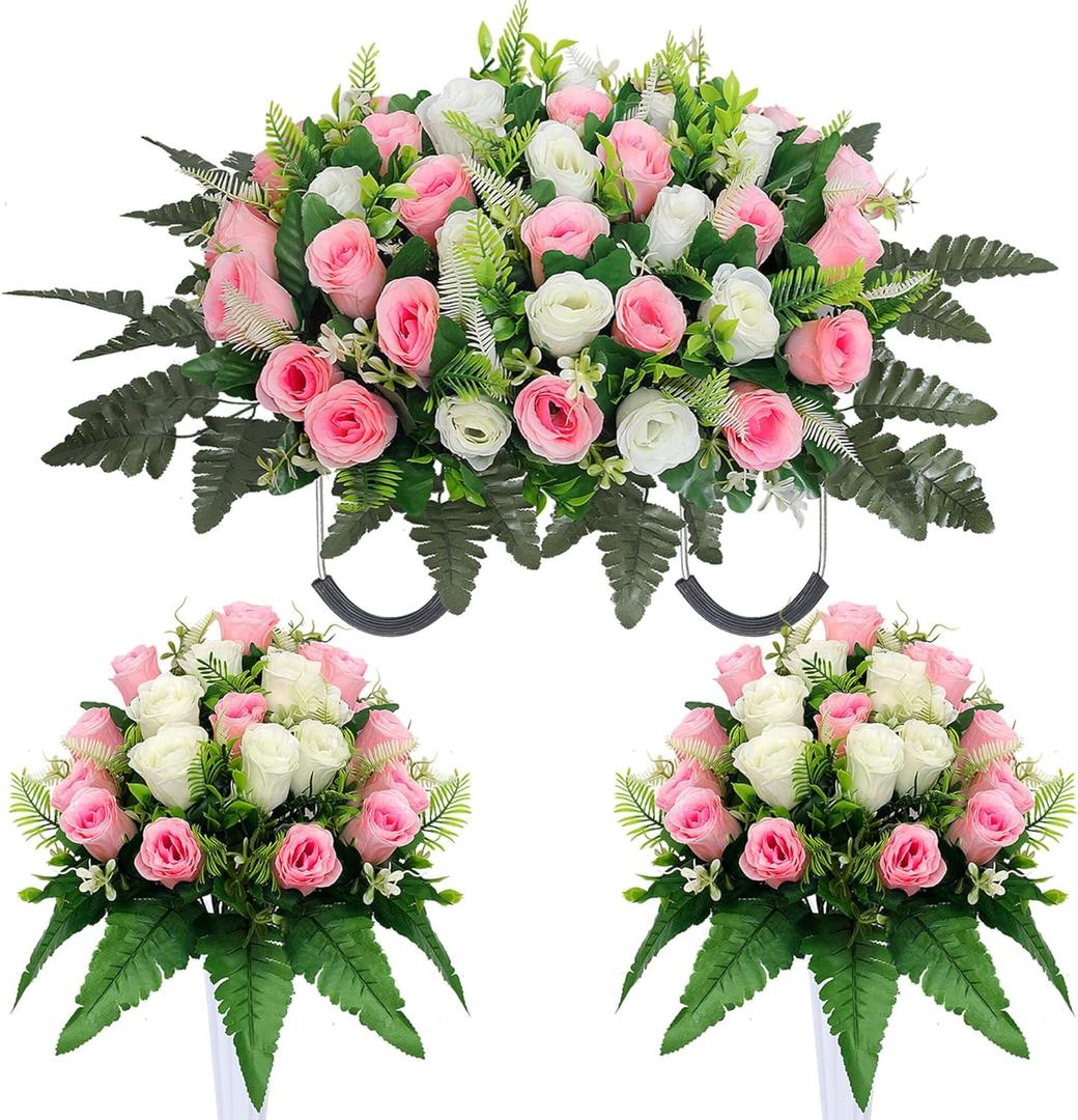 3 Pcs Artificial Cemetery Flower Saddles Cemetery Flowers for Grave Memorial Grave Flowers with Vases for Cemetery Decoration (Pink)