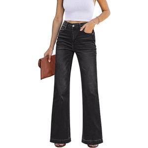 GRAPENT Womens Flare Jeans High Waisted Wide Leg Baggy Jean for Women Stretch Denim Pants (XX-Large, Soft Black)