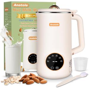 Anatole Nut Milk Maker 34oz 1000ml Cold Warm Hot Almond Milk Machine Soy Oat Cow Plant-Based Milk Blender Homemade Dairy-Free Juice Paste with 10 Stainless Steel Blades 12 Hours Timer Recipes