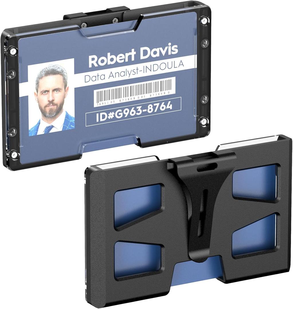 Horizontal Badge Holder - Durable Polycarbonate ID/Credit Holder with Metal Clip and 4 Cards Slot, (Black,1Pack)