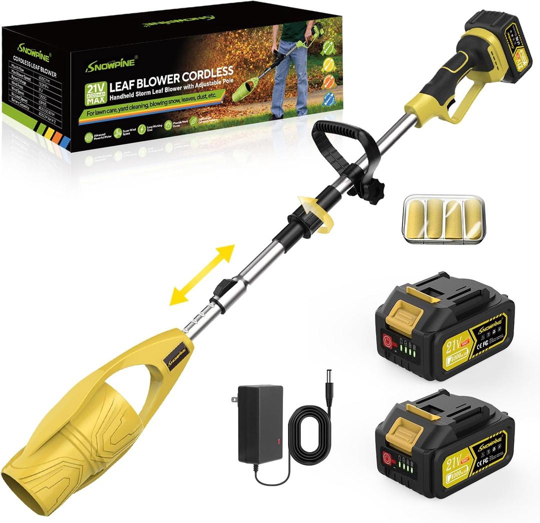 Cordless Leaf Blower,400000RPM Handheld Air Duster with Adjustable Pole,21V Max 4.0Ah*2 Batteries and Charger,Lightweight Air Broom for Easy Debris Removal,Lawn Care and Yard Cleaning,etc. (Yellow)