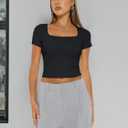 Trendy Queen Double Lined Short Sleeve Tshirts for Women Square Neck Cute Crop Top Spring Summer Basic Tees Workout Going Out, Size S (Black)