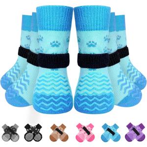 EXPAWLORER 6Pcs Anti Slip Dog Socks to Prevent Licking Paws, Dog Shoes for Winter, Double Sides Dog Boots & Paw Protectors Booties for Hardwood Floors with Grippers Small Medium Large Senior Dogs, X-Small, Blue