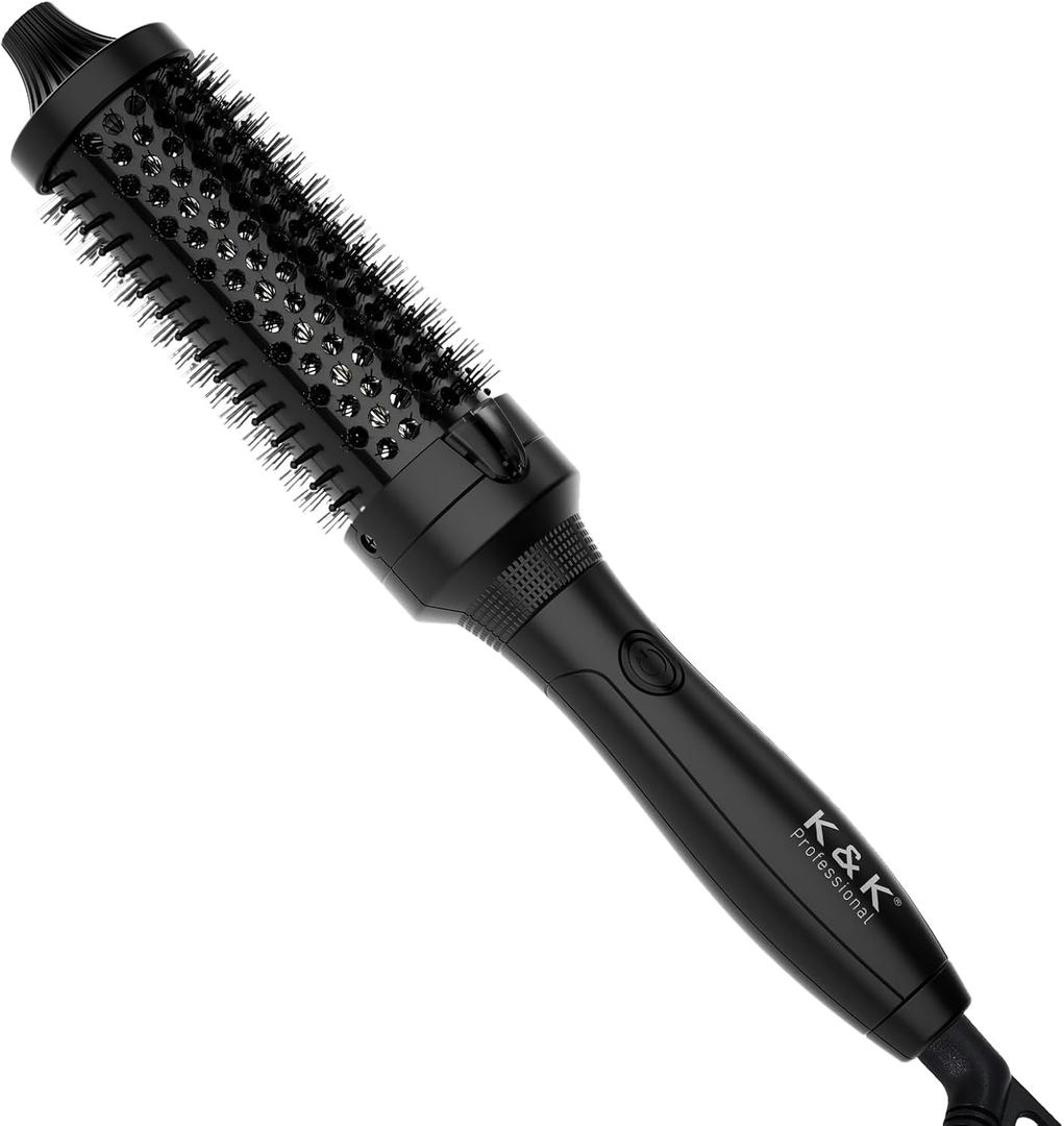 K&K Thermal Brush, Blowout Boost Ionic Round Heated Hot Brush, to Make Hair Smoother & Shinier, Easy to Use, Not for Blow Drying, 38mm Barrel, Dual Voltage, US Plug, Jet Black