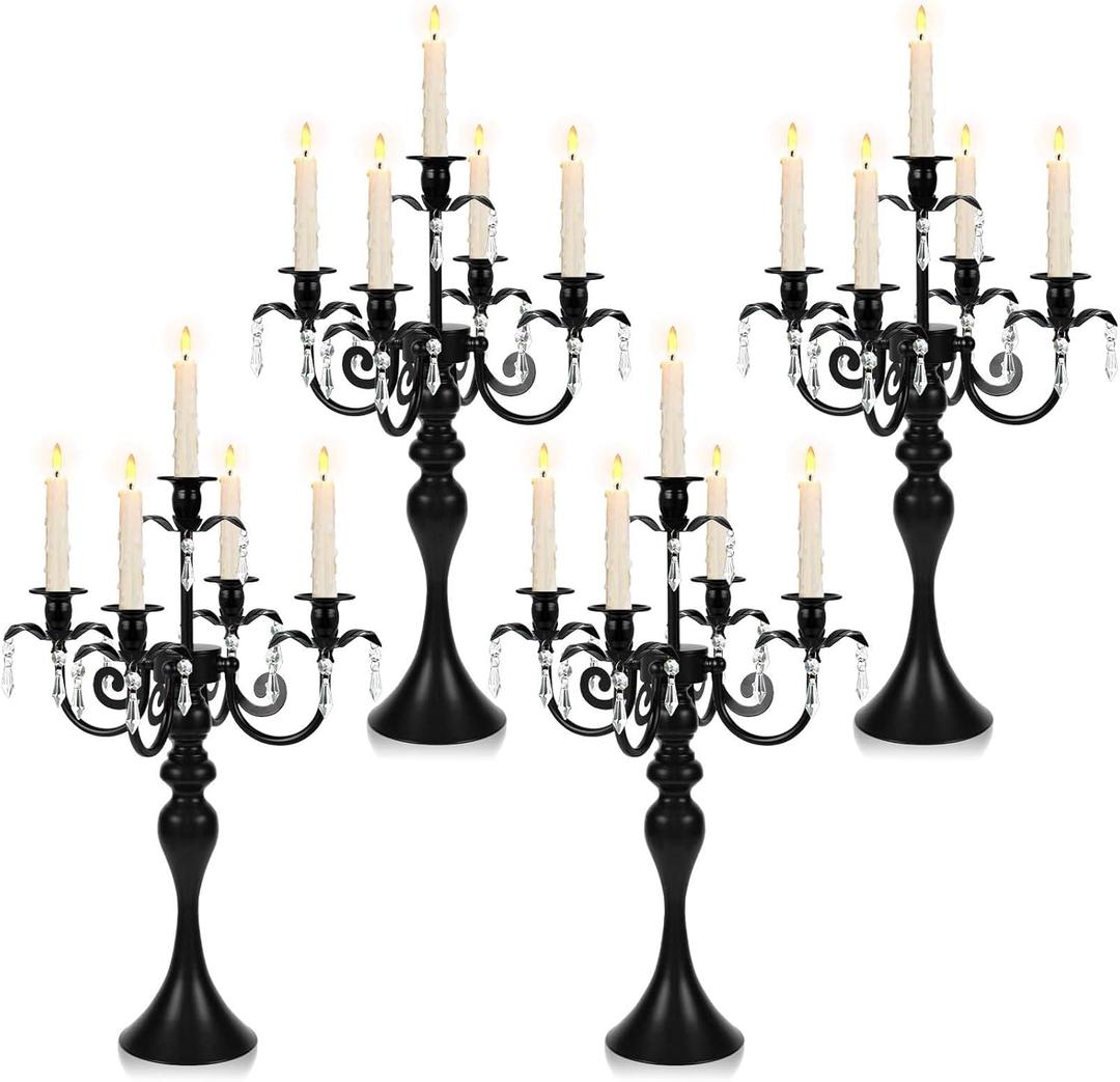 20''Tall Crystal Pendant Taper Candle Holders/ Stylish Candle Stands/ Candlesticks Holder/ Candelabra for Home Decor, Weddings/ Parties/ Elegant Dining Table Centerpiece (4, Black, 5 Arm)