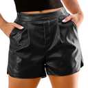 luvamia Faux Leather Shorts for Women High Wasited Pull On Pleated Side Slit Pleather Shorts With Elastic Waist Pockets Black Faux Leather Shorts Black Shorts Women Black Size M