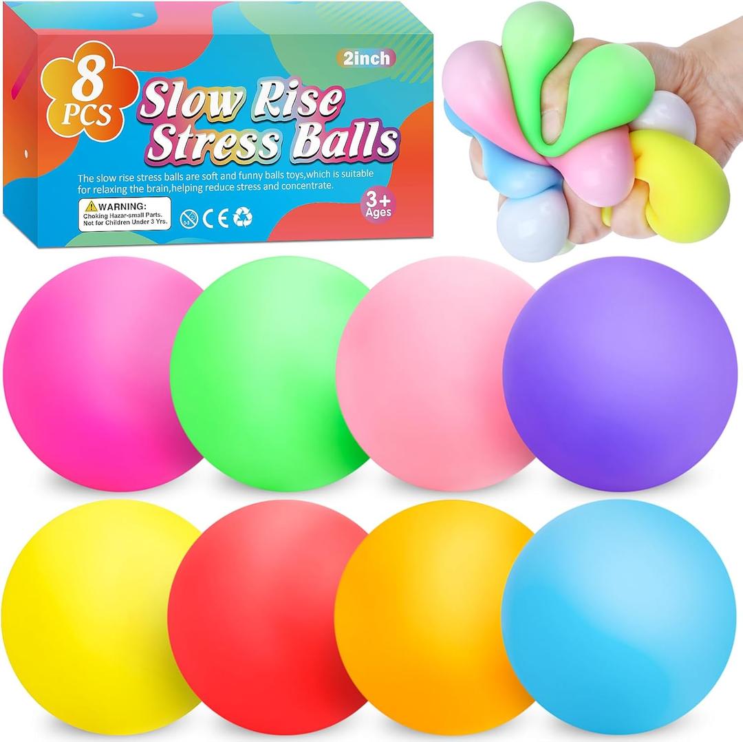 8 Pack Slow Rising Stress Ball,Stress Balls for Kids Adults,Stretchy Fidget Toys for Anxiety Relief,Hand Therapy Sensory Squishy Ball,Squishy Toys,Treasure Prize Box Toys for Kids Classroom