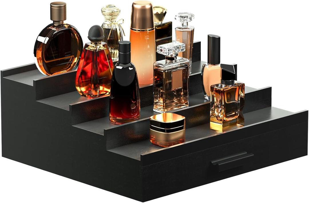 Sephyroth Cologne Organizer for Men 4 Tier of Elevated Cologne Display Shelf with Drawer Storage Perfume Organization and Storage Display Risers,Great Gift for Man(4Tier-Black)