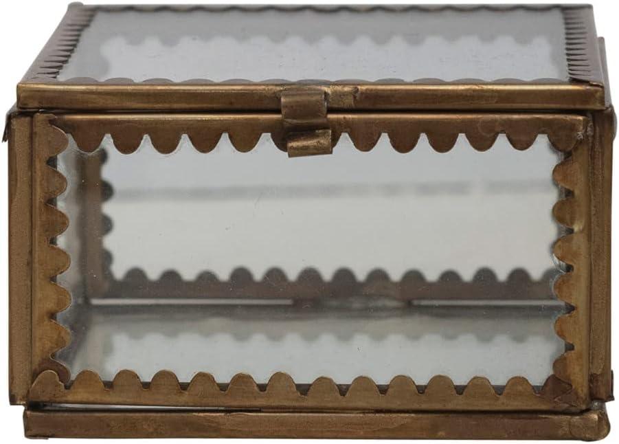 Creative Co-Op Brass and Glass Display Box with Scalloped Edges, Antique Finish (3" Square x 1-3/4"H)