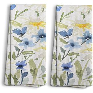 Floral Kitchen Towels, Wildflower Hand Towels, Daisy Flowers Prints Decoration for Home, Watercolor Flora Decor, Gifts for Women, Set of 2,16x24
