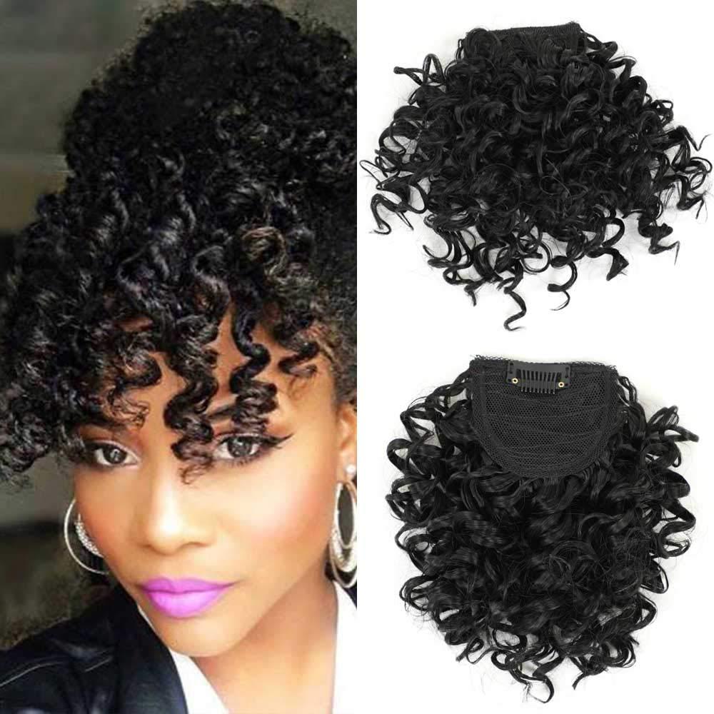 G&T Wig Curly Bangs for Black Women Short Afro Kinky Curly Bangs Clip in Bangs(1B,single bangs)