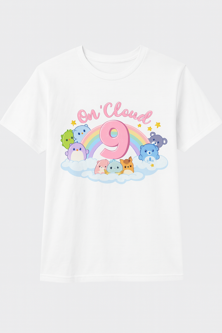 Kids White T-Shirt “On Cloud 9” – Soft Cotton Tee with Cute Rainbow and Animal Print, Comfortable, Durable, and Perfect for Everyday Fun, Size Small
