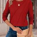 ATHMILE Womens Long Sleeve Shirts Pleated Crew Neck Casual Fall Fashion Ladie Tops Loose Fit Spring Basic Clothes Trendy (Red, M)
