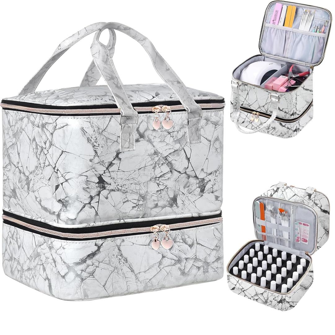 Nail Polish Organizer Case - Holds 30+ Bottles (15ml/0.5 fl.oz) and 1 Nail Lamp, Upgraded Double-layer Nail Polish Carrying Case Nail Storage Bag with Handles (WHITE)