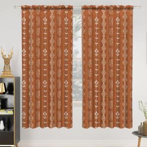 Renaiss 42 x 63 Inch Boho Linen Curtains Blackout for Bedroom Vintage Terracotta Floral Pattern Farmhouse Rod Pocket Curtain Decor Bohemian Living Dining Room Window Treatment Rust Orange 2 Panels