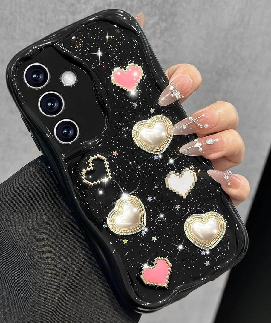 Toycamp for Samsung Galaxy S24 case Women - Cute Girly Girls Phone Cover for Samsung S24 Kawaii Aesthetic Pretty Unique Glitter Bling Sparkle Wave Design Funda para S 24, Black Heart