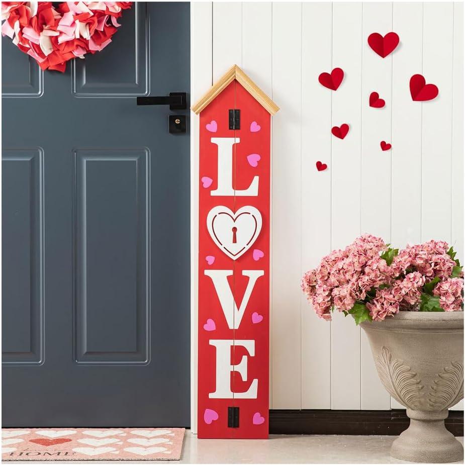 Glitzhome 42"H Valentines Wooden Porch Sign Large LOVE House-shaped Porch Decor for Valentine's Day Love Sign Home Front Door Yard Party