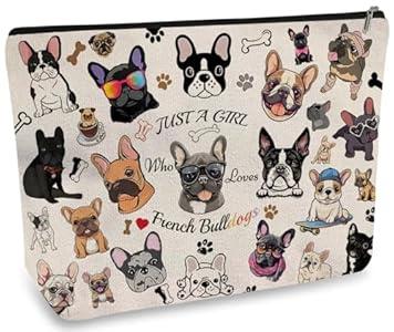 DOOX French Bulldog Makeup Bags with Lining, Funny Cosmetic Bags Pencil Pouch - Double-Sided Print - Cute Birthday & Christmas French Bulldog Gifts for Daughter, Sister, Women