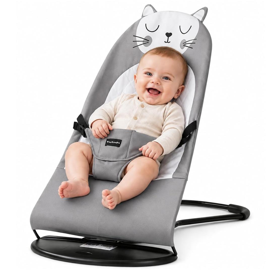 Foldable Baby Bouncer, Baby Seat with 3 Adjustable Heights, Portable Newborn Rocker, Ergonomic Bouncy Seat for Natural Bounce, Bouncer for Babies 0-18 Months, Soft Cotton