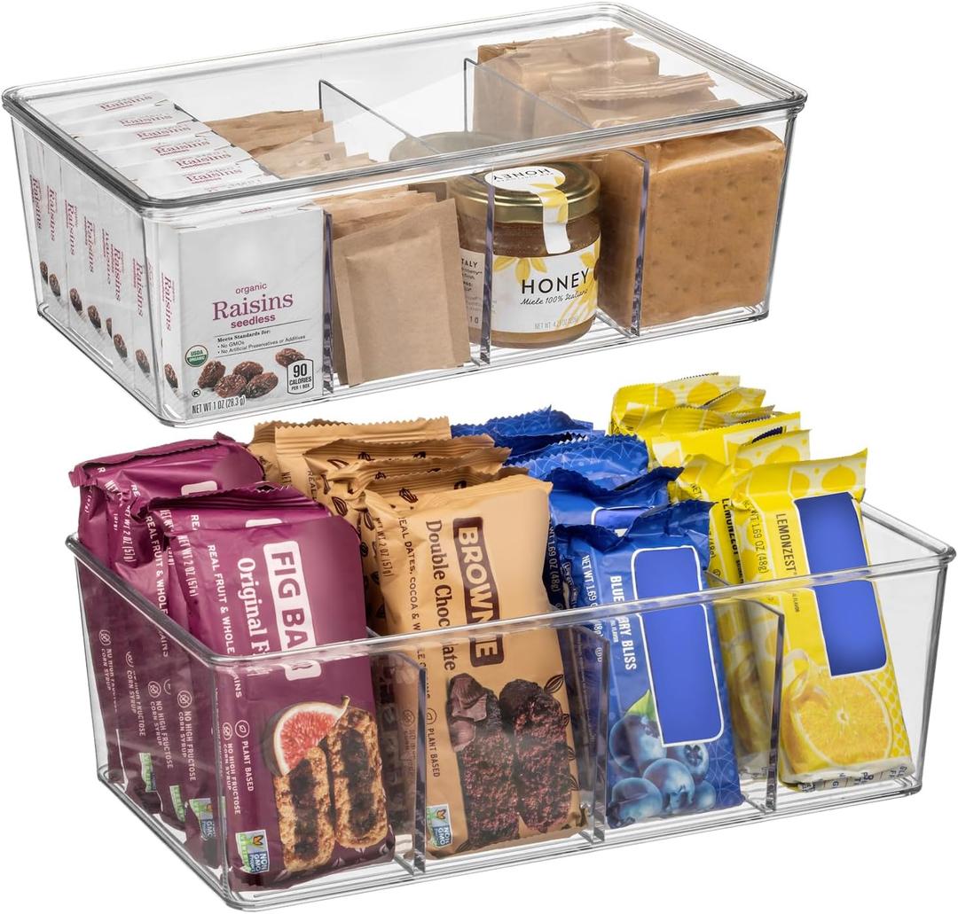 ClearSpace Plastic Pantry Organization and Storage Bins with Dividers & Lids  Perfect Kitchen Organization or Kitchen Storage  Fridge Organizer, Refrigerator Bins, Cabinet Organizers, 2 Pack