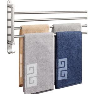 NearMoon Swivel Towel Rack, 19.5" Thicken 304 Stainless Steel 4-Arm Towel Bar, Space Saving Wall Mounted Towel Holder with Hook, Rustproof Swing Out Towel Hanger for Bathroom, Kitchen (Brushed Nickel)