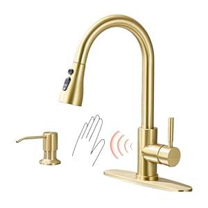 TOYWIA Touchless Kitchen Faucets with Pull Down Sprayer and Soap Dispenser, Brushed Gold Smart Motion Sensor Stainless Steel Sink Faucet with Deck Plate 1 or 3 Hole Mount for RV, Bar, Outdoor