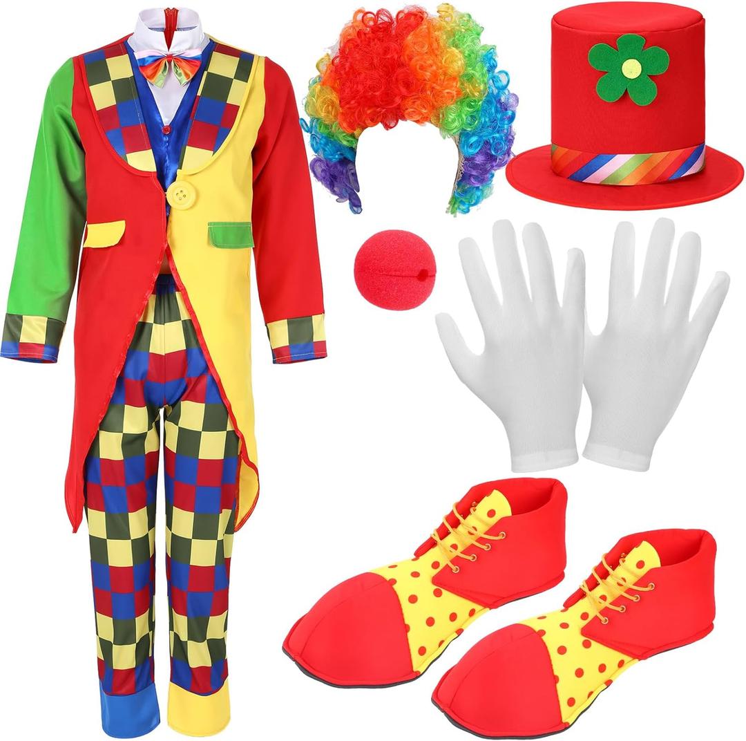 Yahenda 7 Pcs Clown Costume Set Halloween Cosplay Clown Red Nose Wig Shoes Hat Accessories Circus Carnival Party (Large)