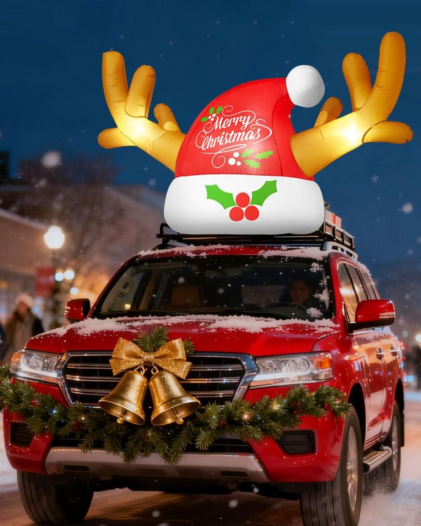 fotako 8.5FT Christmas Inflatables Car Decorations Santa Hat with Reindeer Antler Car Christmas Decoration Exterior with LED Lights Car Outdoor Decoration for for Xmas