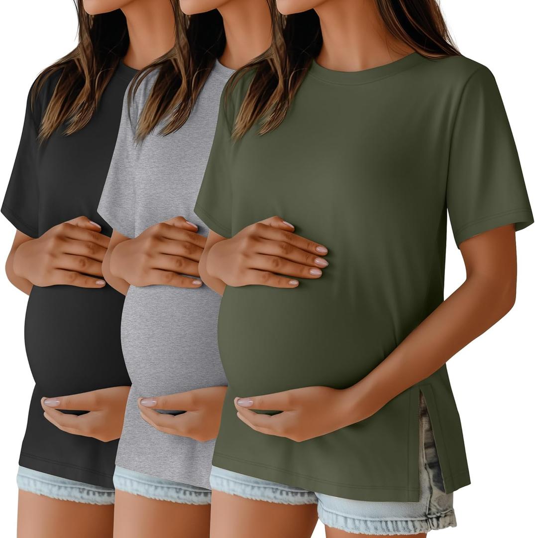 Ficerd 3 Pack Women's Maternity T Shirts, Short Sleeve Side Split Pregnancy Tops Casual Crew Neck Pregnant Tees Mama Clothes (M) Ficerd 3 Pack Women's Maternity T Shirts, Short Sleeve Side Split Pregnancy Tops Casual Crew Neck Pregnant Tees Mama Clothes (M)
