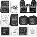 12 Pcs Farmhouse Kitchen Decor Sets, 8 Black and White Kitchen Dish Towels 2 Pot Holders 2 Oven Mitts Glove, Rustic Hand Towels and Dishcloths Sets for Home Decorations Accessories Christmas Mom Gifts