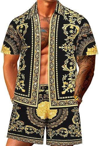 JoZorro Men Hawaiian Shirt Sets Casual Button Down Shirts 2 Piece Luxury Summer Beach Outfits, L