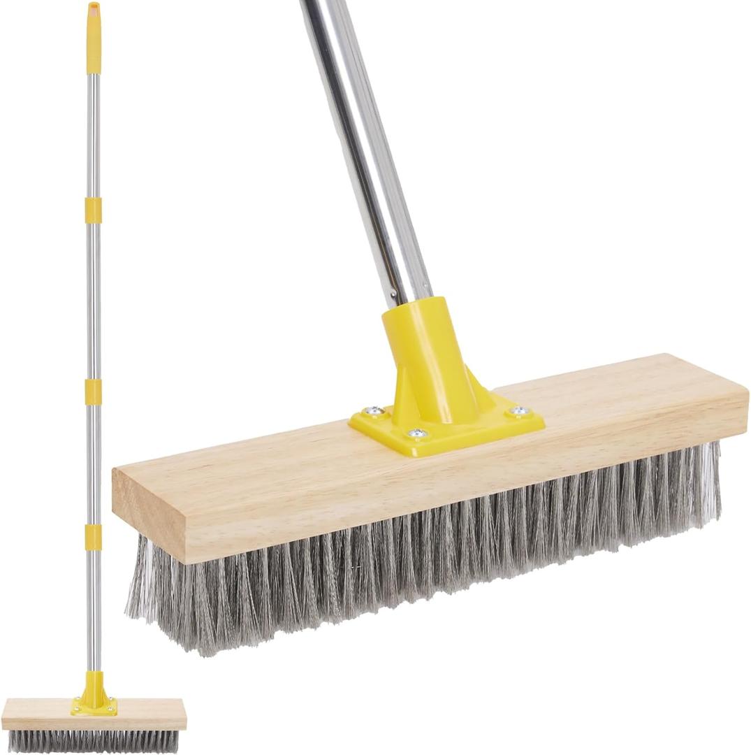 NICOFPHY Stainless Steel Deck Brushes for Scrubbing Heavy Duty, 60" Concrete Floor Scrub Brush with Long Handle, Metal Stiff Wire Scrubber Broom for Cleaning Moss, Garage, Patio, Garden, Outdoor Stain