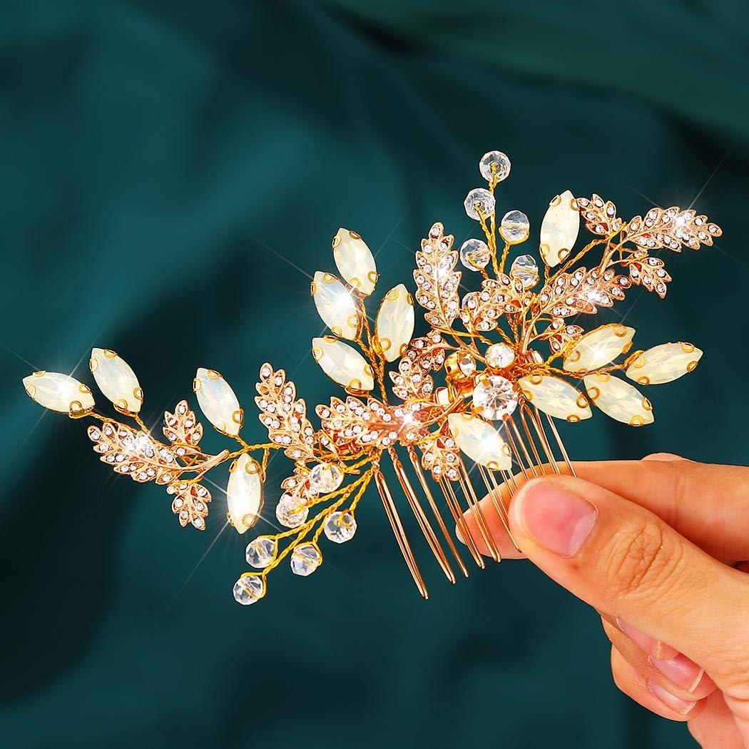 JEAIRTS Leaf Hair Comb Rhinestone Wedding Headpiece Crystal Bridal Hair Accessories for Women(1-Gold)