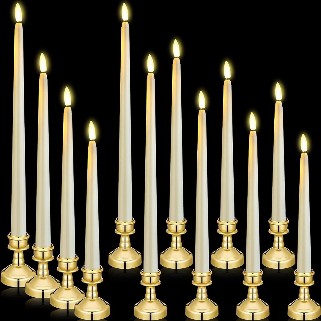 12 Pcs Flameless LED Taper Candles with Candlestick Battery Operated 8.5 9.6 10.8 12.8 Flameless Flickering Candlesticks for Christmas Wedding(Gold Holder & Ivory Candles)