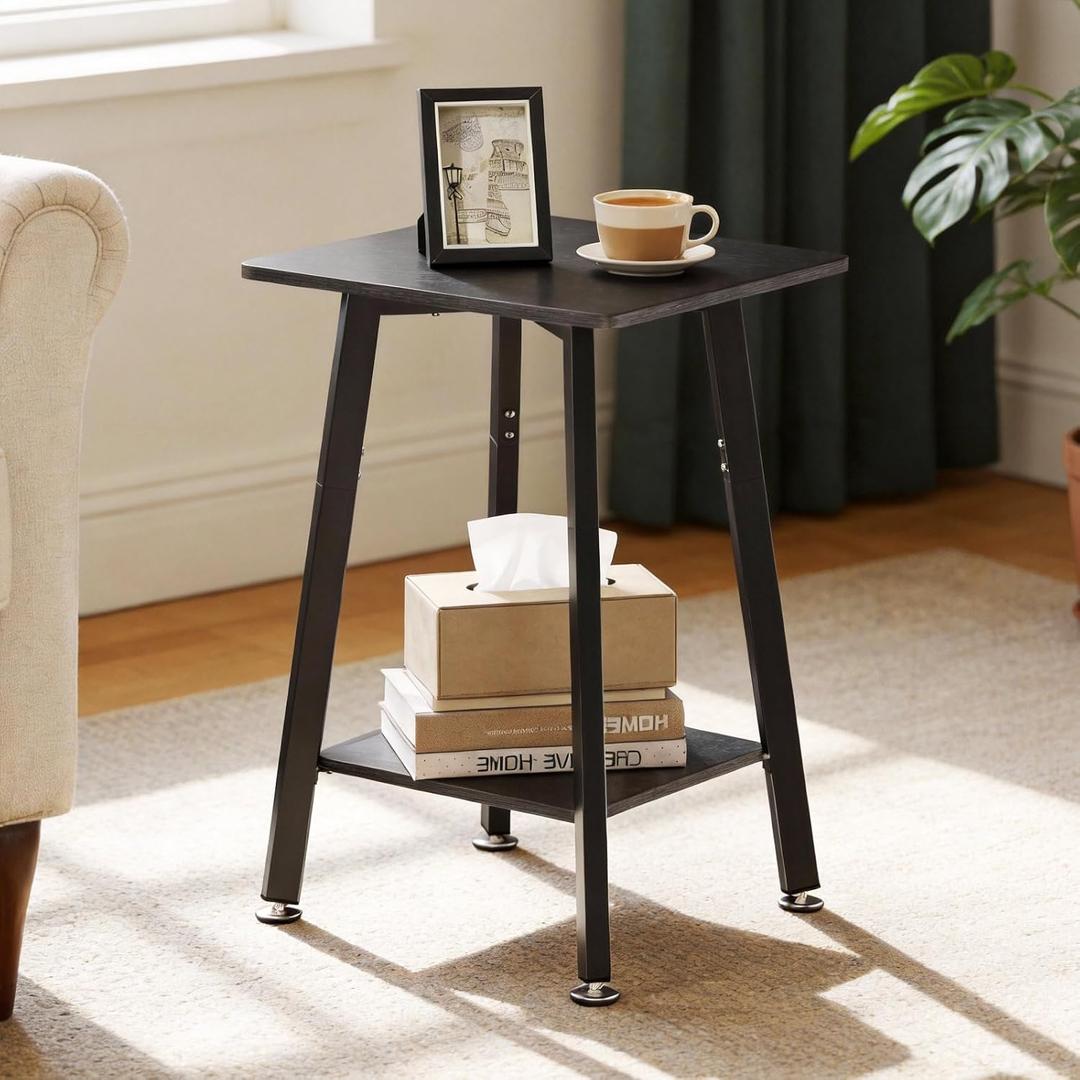 King Oasis 2-Tier Small Side Table for Living Room, End Table with Storage Shelf, Wood & Metal Bedside Table Nightstand for Small Spaces, Sturdy Sofa Side Table for Bedroom, Matte Black