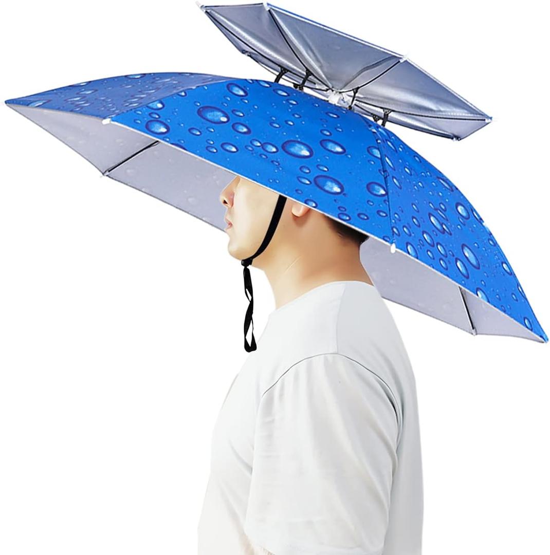 Umbrella Hat, 37 inch Fishing Umbrella Hat Hands Free Foldable UV Protection Umbrella Cap Adjustable Headwear for Fishing Golf Camping Beach Gardening Sunshade Outdoor (Water Drop Blue/Double Layer)